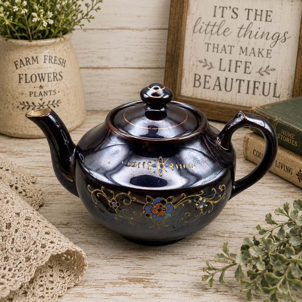 Vintage Dark Brown Glazed Ceramic Teapot Hand Painted Floral Gold Accents Lid